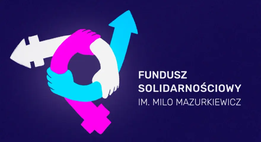 Symboliczne dłonie łączące strzałki w różnych kolorach, symbolizujące współpracę. Obok napis: FUNDUSZ SOLIDARNOŚCIOWY IM. MILO MAZURKIEWICZ.