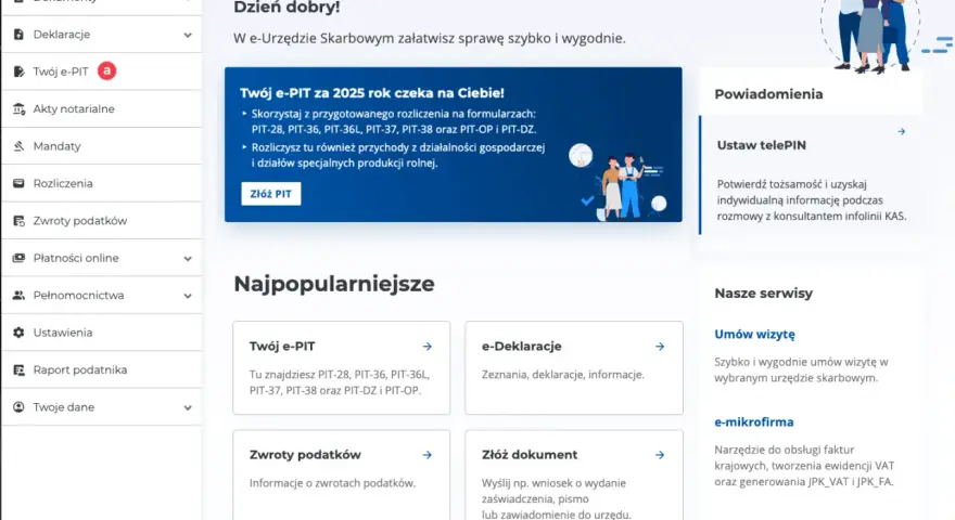 Strona główna e-Urzędu Skarbowego. Możesz tu złożyć PIT, rozliczyć przychody z giełdy i inne.