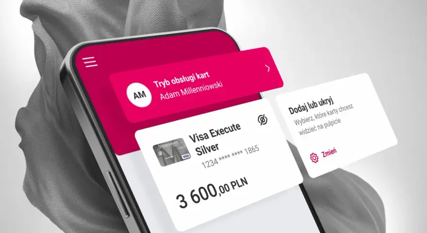 Aplikacja Millenium: jak aktywować kartę i zarządzać nią. Widok ekranu telefonu z kartą Visa Execute Silver i opcjami.