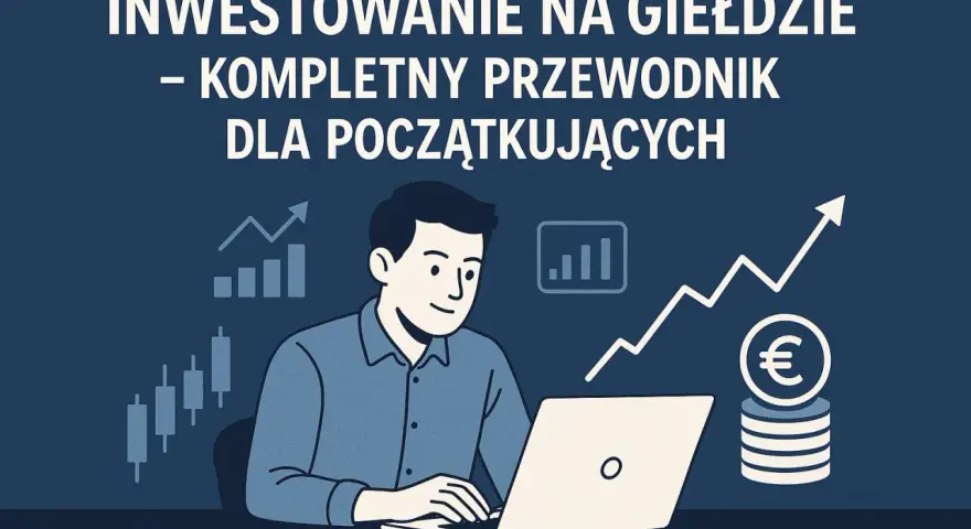 Ilustracja pokazuje mężczyznę przy laptopie, który uczy się, jak wejść na giełdę. Wykresy i monety euro symbolizują inwestycje.