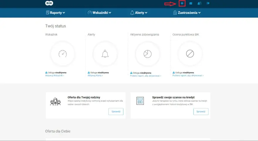 Panel BIK: status Twoich usług, jak sprawdzić scoring i oferty. Ikona ustawień.