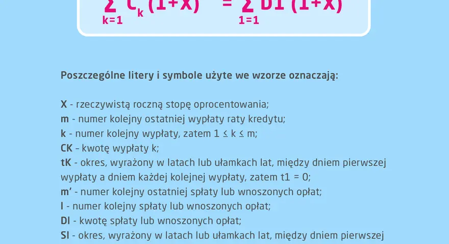 Wzór wyjaśnia oprocentowanie RRSO. X to rzeczywista roczna stopa oprocentowania.