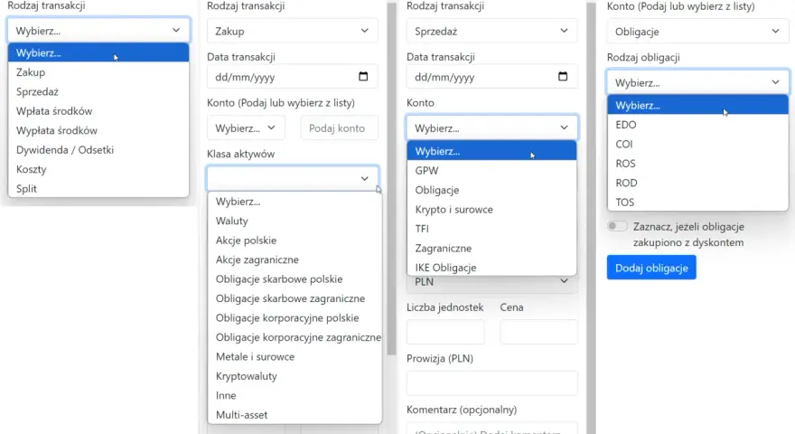 Gdzie założyć portfel inwestycyjny? Wybierz rodzaj transakcji, klasę aktywów i konto, by dodać obligacje.