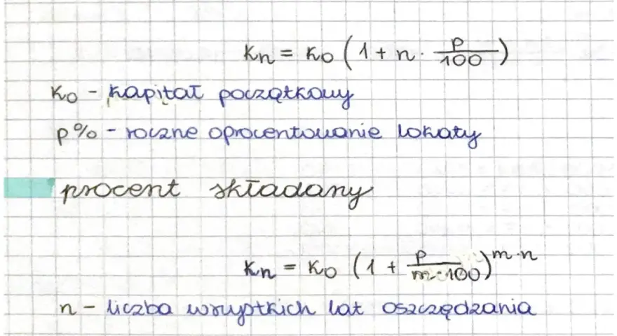 Wzory na procent prosty i składany pomagają obliczyć zysk z lokaty. Opisano kapitał początkowy, oprocentowanie i okres oszczędzania.