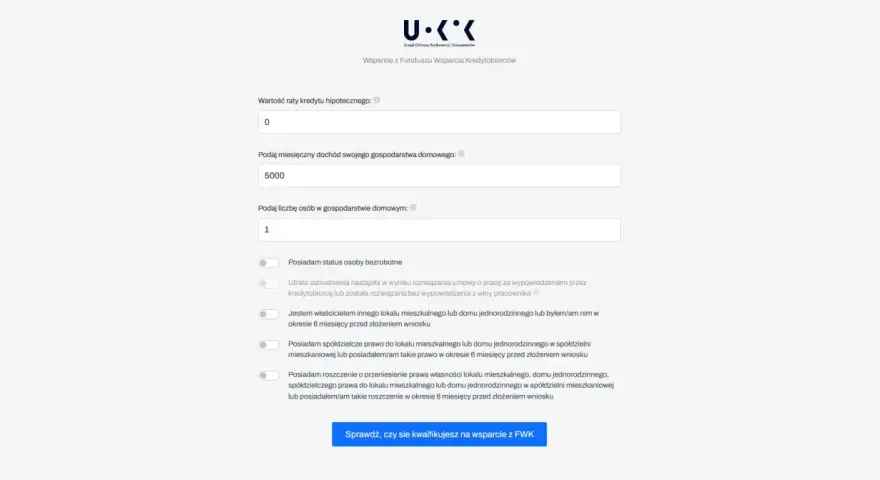 Formularz do obliczenia dochodu do FWK: rata kredytu 0, dochód 5000, 1 osoba w gospodarstwie.