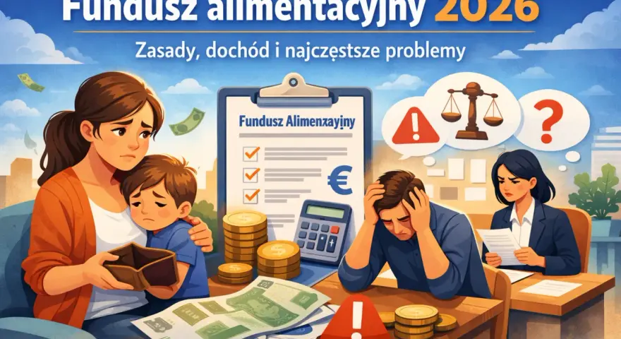 Jak obliczyć kryterium dochodowe do funduszu alimentacyjnego? Obraz przedstawia zmartwioną rodzinę, pieniądze i dokumenty, sugerując trudności finansowe.