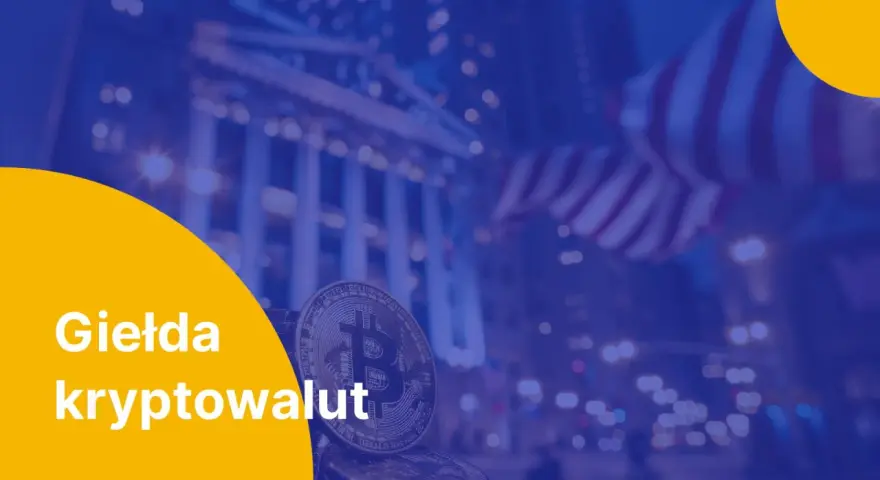 Giełda kryptowalut: Bitcoin i amerykańska flaga na tle nocnego miasta. Dowiedz się, giełda co to jest i jak działa.