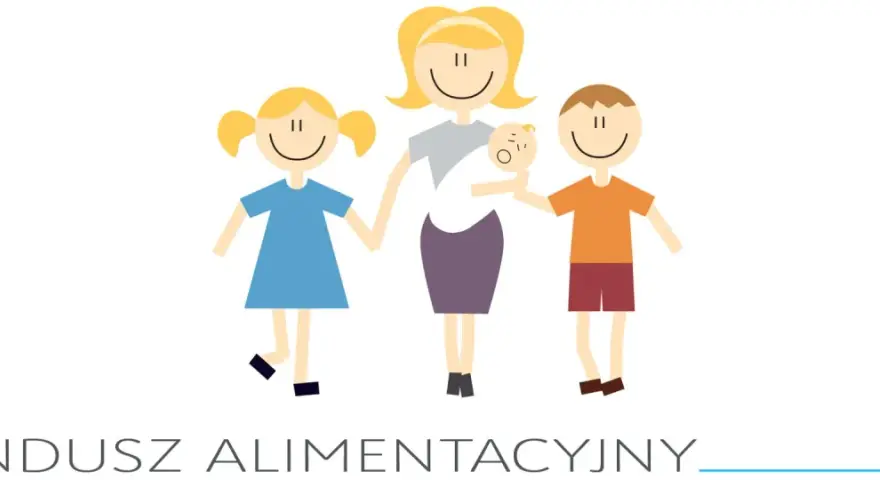 Ilustracja pokazuje rodzinę: matkę z dziećmi. Podpis "FUNDUSZ ALIMENTACYJNY" wyjaśnia, jak działa fundusz alimentacyjny, wspierając rodziny.