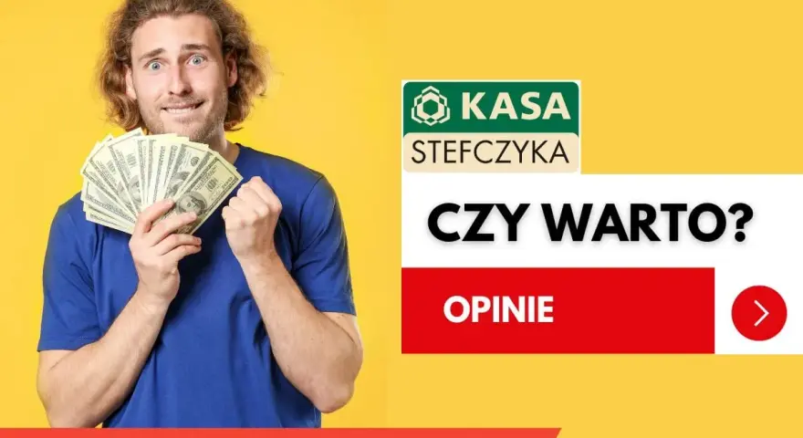 Mężczyzna z zaskoczoną miną trzyma plik banknotów. Obok logo Kasa Stefczyka i pytanie "Czy warto?". Sprawdź, czy kasa Stefczyka sprawdza BIK.