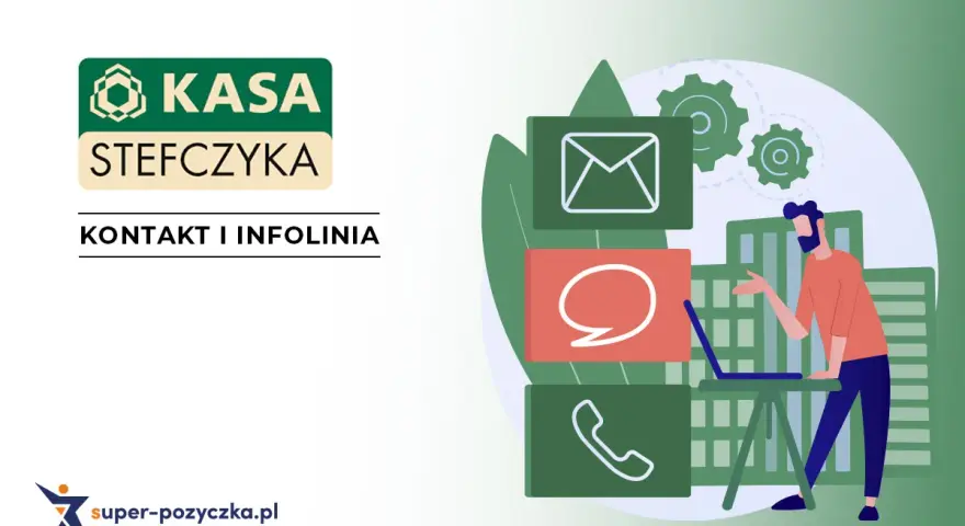 Logo Kasy Stefczyka i ikony kontaktu: koperta, dymek, słuchawka. Mężczyzna przy laptopie.