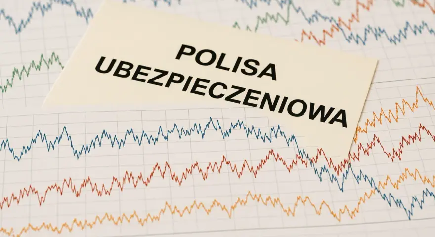 Karta z napisem "POLISA UBEZPIECZENIOWA" na tle wykresów giełdowych. To pokazuje, co to jest ubezpieczeniowy fundusz kapitałowy.