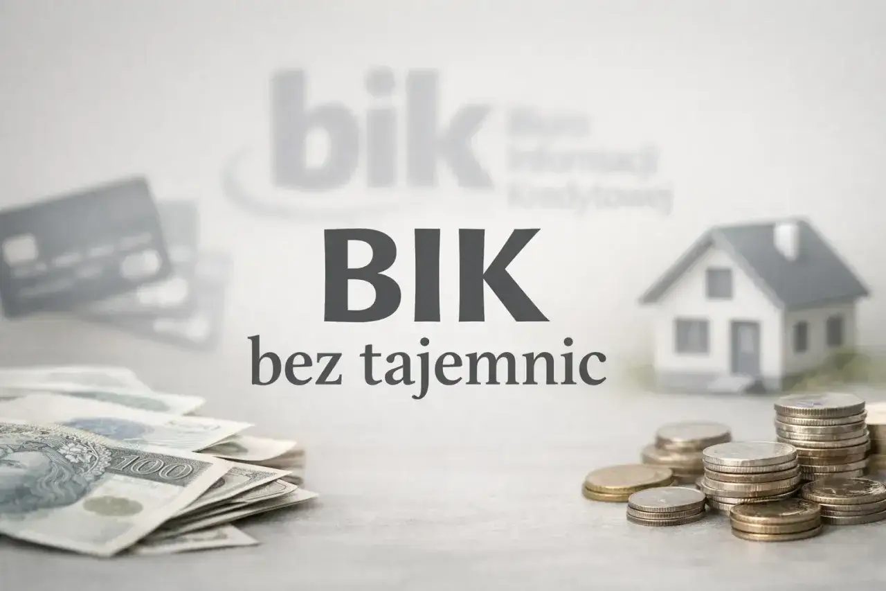 BIK co to? Na zdjęciu widać pieniądze, karty kredytowe, dom i logo BIK.