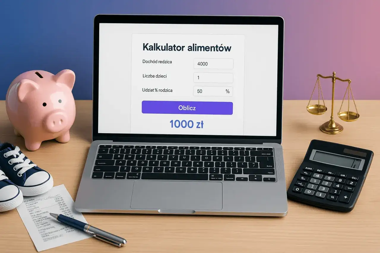 Kalkulator alimentów pokazuje, jak obliczyć kryterium dochodowe do funduszu alimentacyjnego. Na ekranie widać wpisany dochód rodzica, liczbę dzieci i udział procentowy.