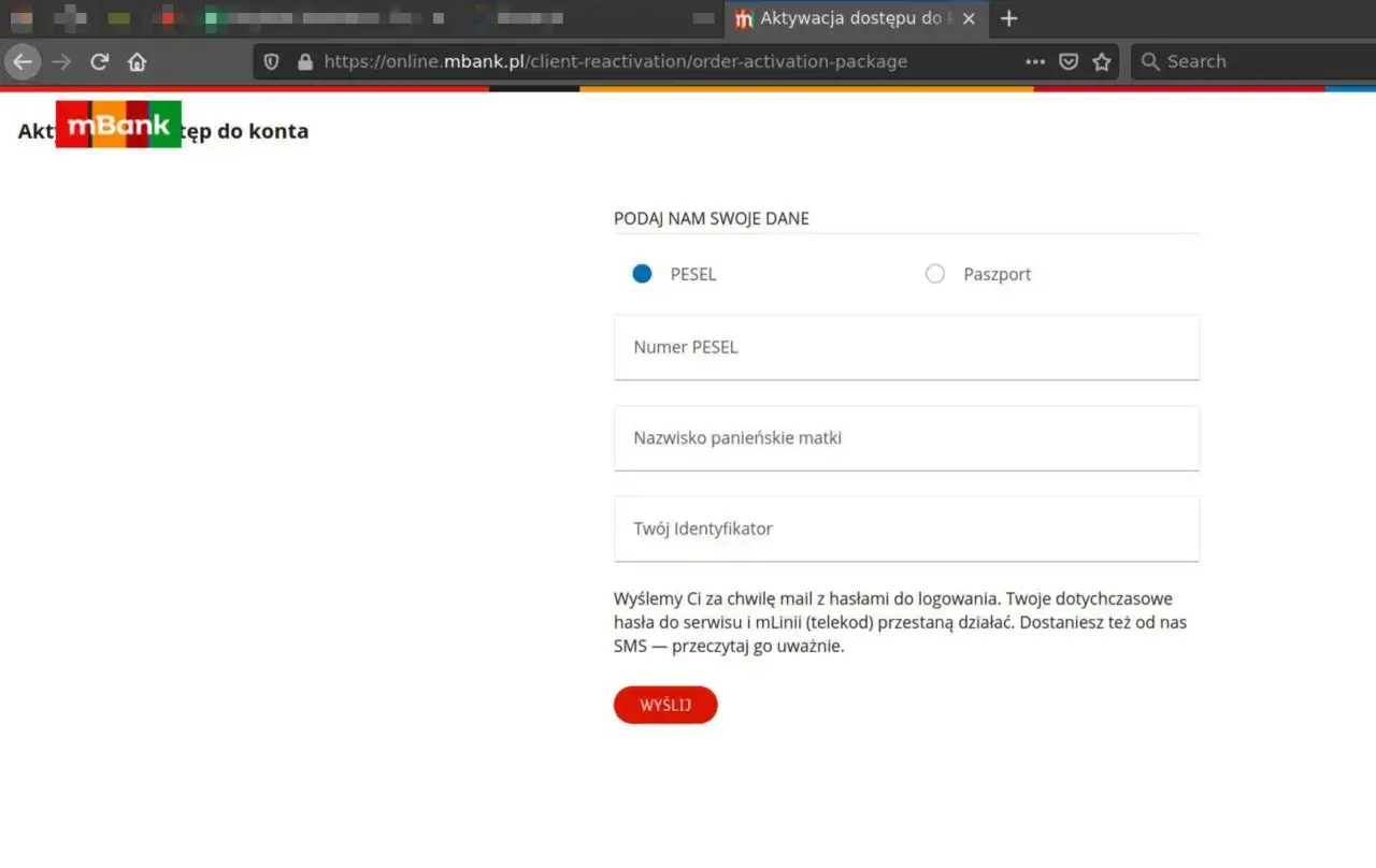 Formularz mBanku do aktywacji konta. Podaj numer PESEL (11 cyfr) lub paszport, nazwisko panieńskie matki i swój identyfikator.