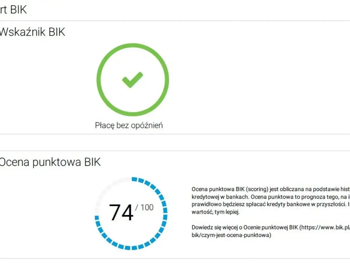 Wskaźnik BIK: zielony znaczek potwierdza płatności bez opóźnień. Ocena punktowa BIK 74/100. Dowiedz się, bik co to.