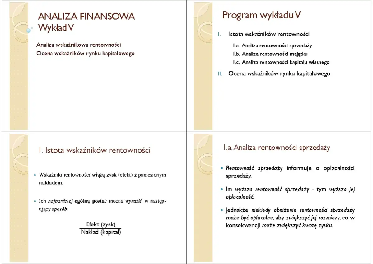 Analiza finansowa: wskaźnik rentowności netto. Wykład V omawia analizę wskaźnikową rentowności i ocenę wskaźników rynku kapitałowego.