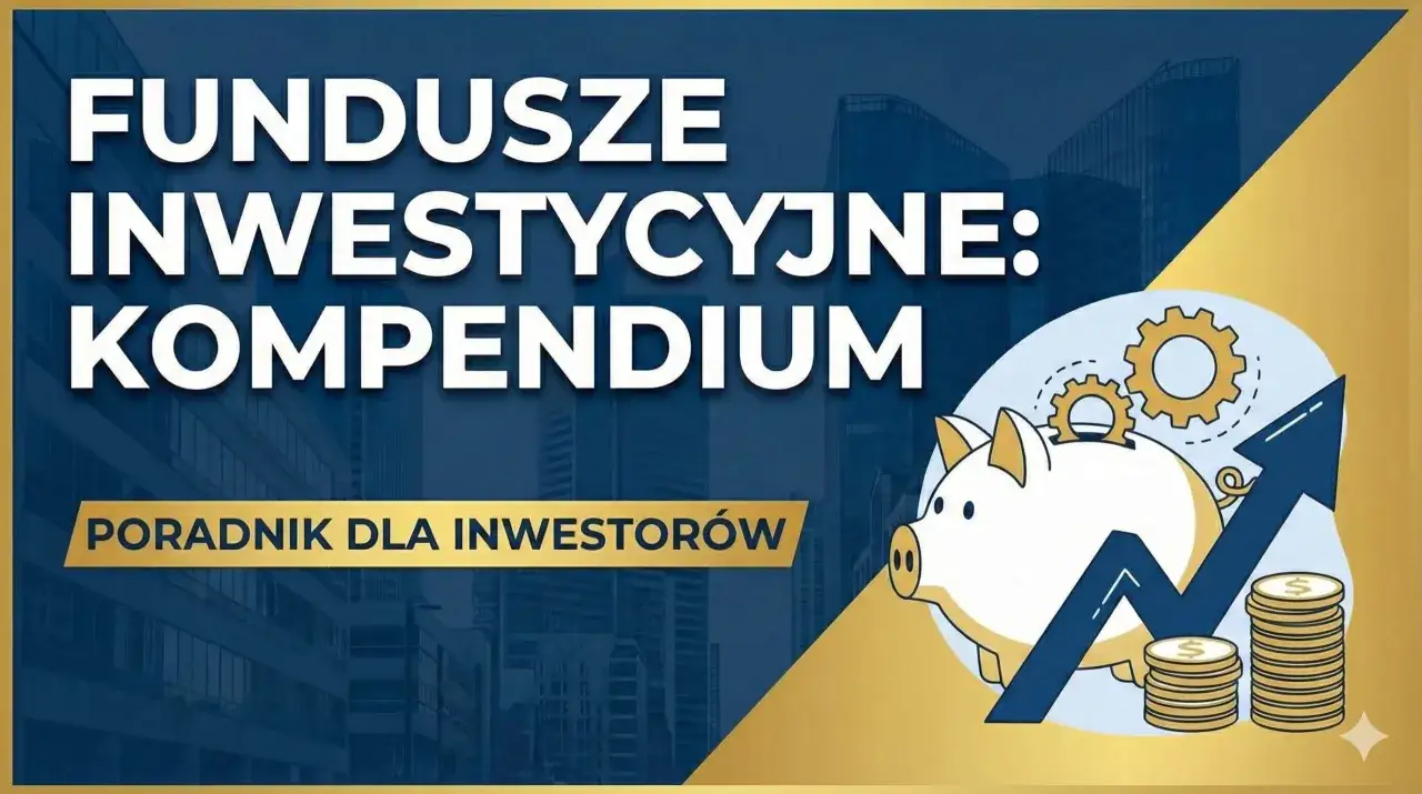 Fundusze inwestycyjne: Kompendium. Poradnik dla inwestorów, jak inwestować w fundusze inwestycyjne, z symbolem świnki-skarbonki i rosnącym wykresem.