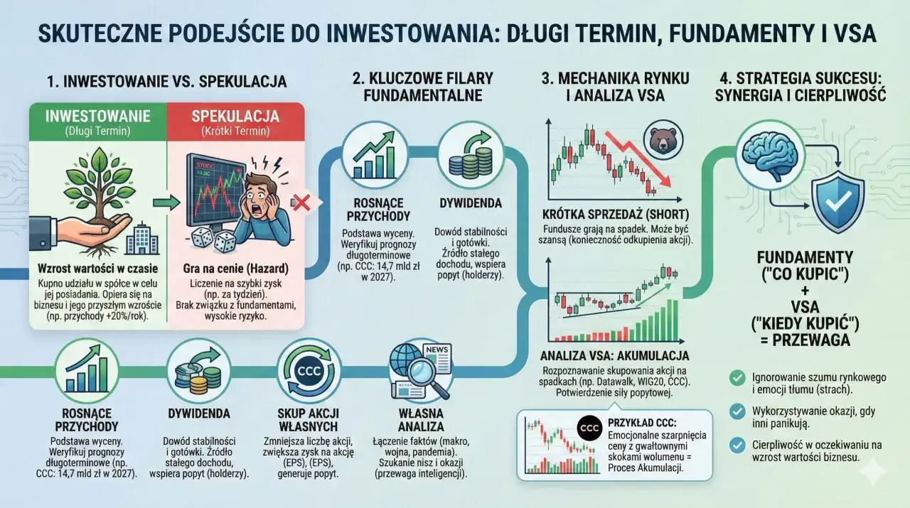 Grafika porównuje inwestowanie (długi termin, wzrost wartości) ze spekulacją (krótki termin, gra na cenie, hazard). Pokazuje analizę fundamentalną i VSA.