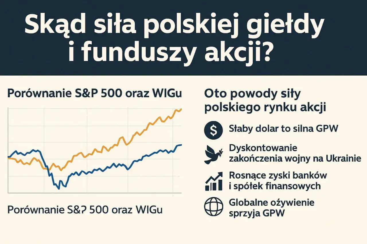 Wykres porównuje S&P 500 i WIG, pokazując czynniki sprzyjające polskiej giełdzie. Czy warto grać na giełdzie? Tak, słaby dolar i ożywienie gospodarcze pomagają GPW.