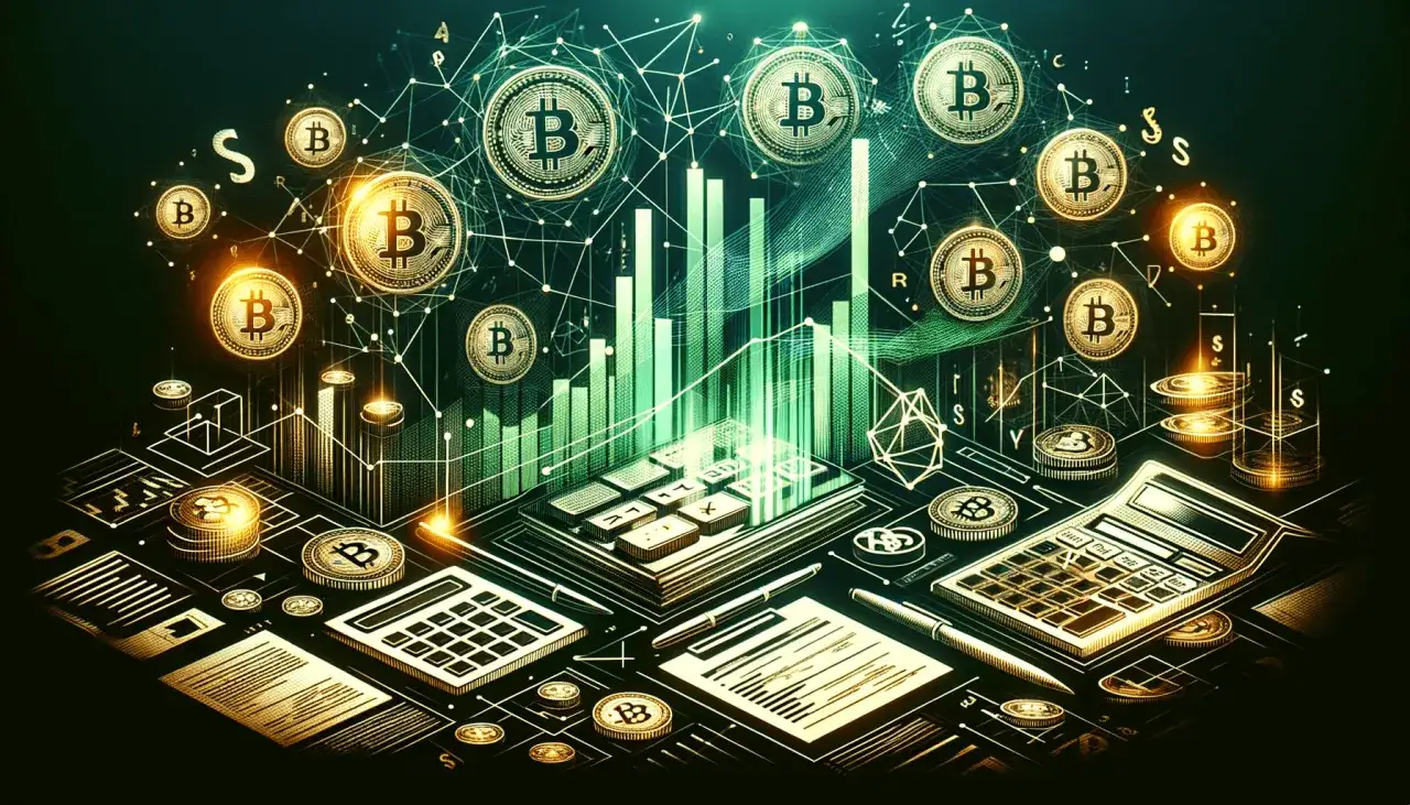 Wizualizacja analizy finansowej z monetami Bitcoin, wykresami i kalkulatorami. Czy opłaca się inwestować w kryptowaluty?