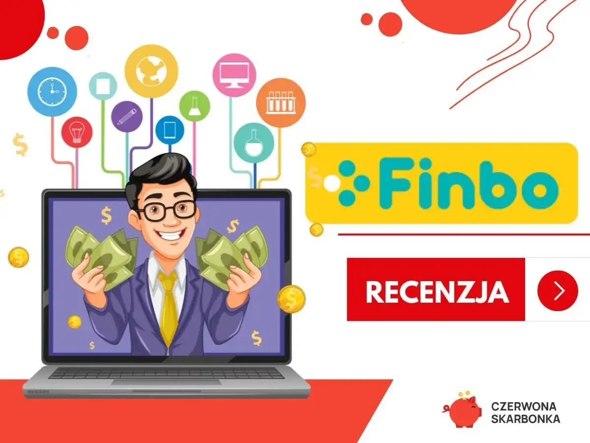Uśmiechnięty mężczyzna z pieniędzmi na ekranie laptopa. Czy Finbo sprawdza BIK? Logo Finbo i przycisk