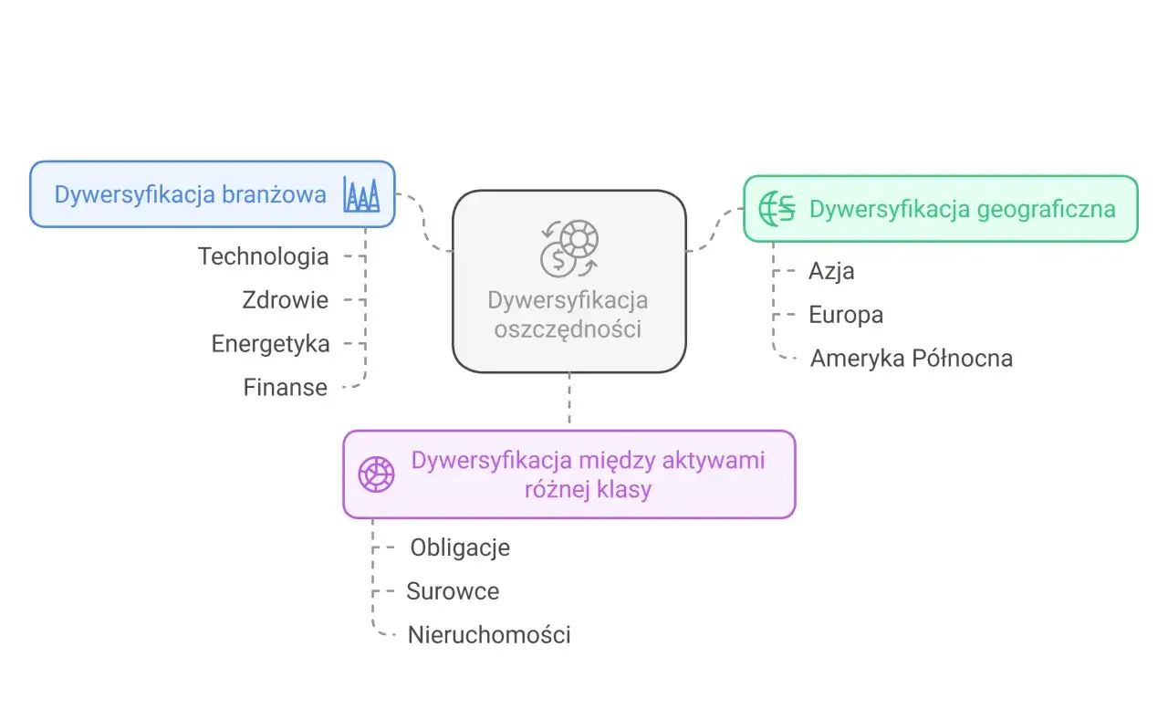 Schemat pokazuje, co to jest fundusz inwestycyjny: dywersyfikacja branżowa (technologia, zdrowie, energetyka, finanse), geograficzna (Azja, Europa, Ameryka Północna) i między aktywami (obligacje, surowce, nieruchomości).