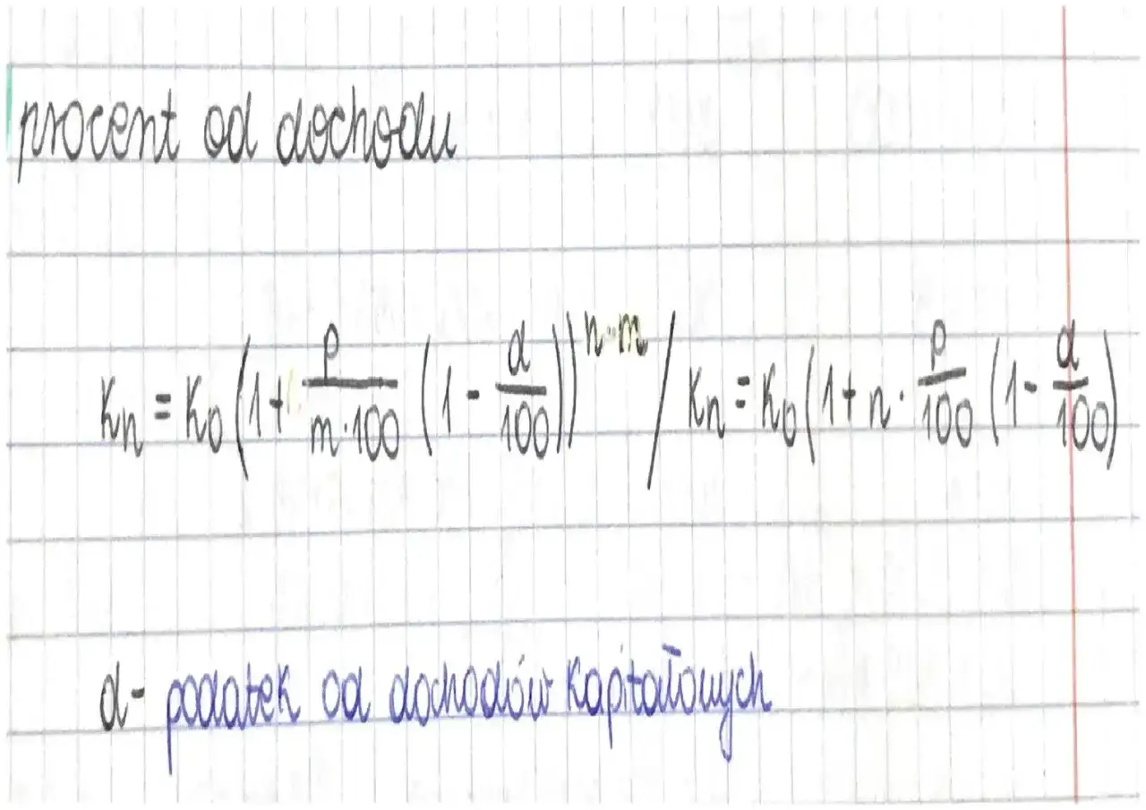 Wzory na obliczenie zysku z lokaty z uwzględnieniem podatku od dochodów kapitałowych.