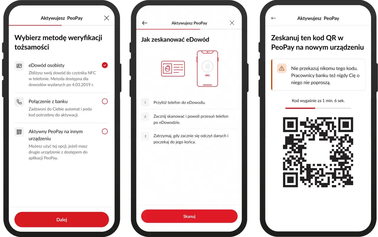 Aktywacja PeoPay: wybierz metodę weryfikacji, zeskanuj e-dowód lub kod QR. Dowiedz się, jak odblokować kartę PeoPay.