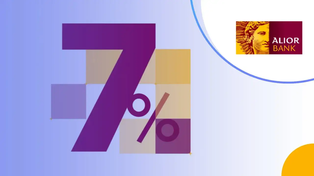 Sprawdź, jakie jest oprocentowanie lokat w Alior Bank. Duża cyfra 7% na tle geometrycznych kształtów i logo banku.