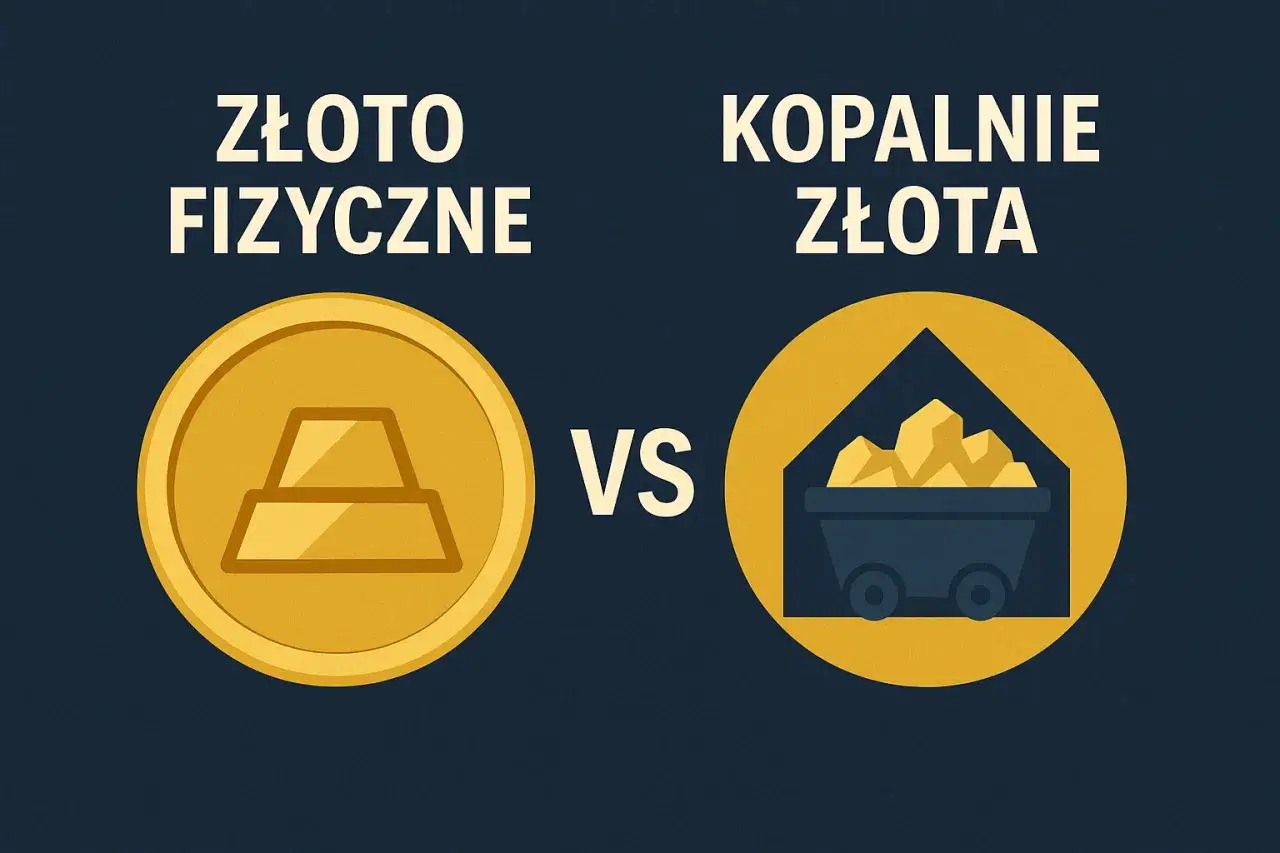 Złoto fizyczne vs. kopalnie złota. Czy giełda to hazard? Grafika porównuje fizyczne złoto z wydobyciem, sugerując różne podejścia do inwestycji.