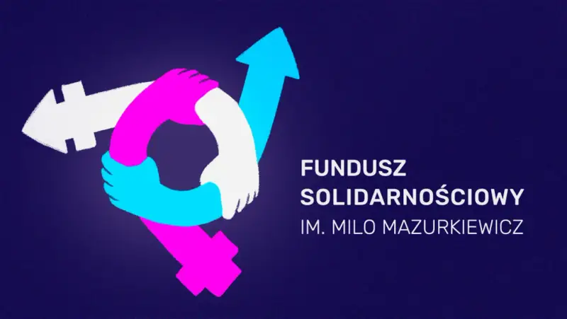 Symboliczne dłonie łączące strzałki w różnych kolorach, symbolizujące współpracę. Obok napis: FUNDUSZ SOLIDARNOŚCIOWY IM. MILO MAZURKIEWICZ.